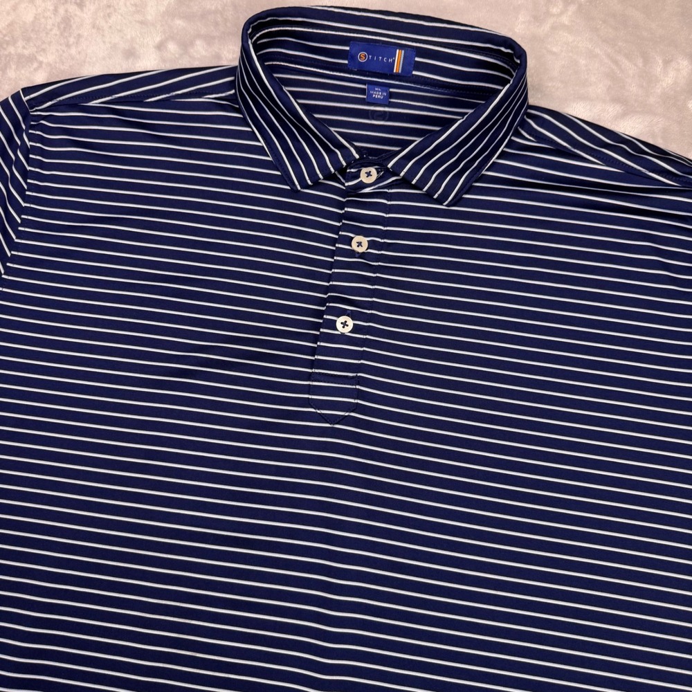 Stitch Golf Mens XL Navy Blue White Striped Performance Polo Shirt Short Sleeve